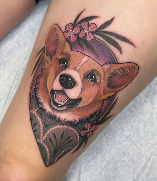 Medium Illustrative Corgi with Flowers Tattoo on Women Thigh by @beckyoq