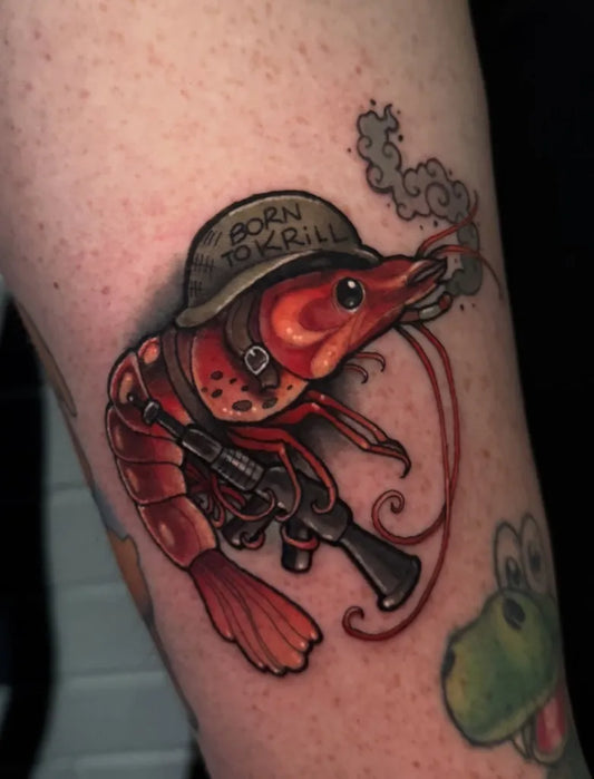 Medium Illustrative Crawfish with Helmet and Rifle Tattoo on Women Arm by @dlouisetattoo