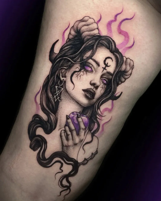 Medium Illustrative Demon Woman Thigh Tattoo on Women by @madness.ttt