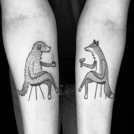 Medium Illustrative Dog and Fox Tea Tattoo on Men Arms by @morf_inne