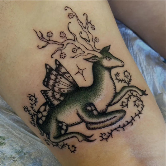 Medium Illustrative Fairy Deer with Wings and Cherry Blossoms Tattoo on Women Thigh by @oatmealqueeen
