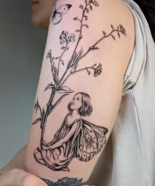Medium Illustrative Fairy with Butterfly and Flowers Tattoo on Women Arm by @tash_tatts