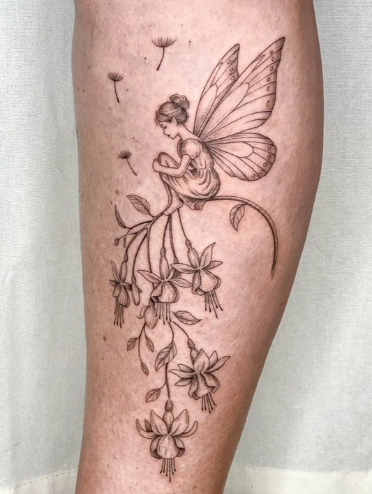 Medium Illustrative Fairy with Flowers Tattoo on Women Leg by @lucygtattoo