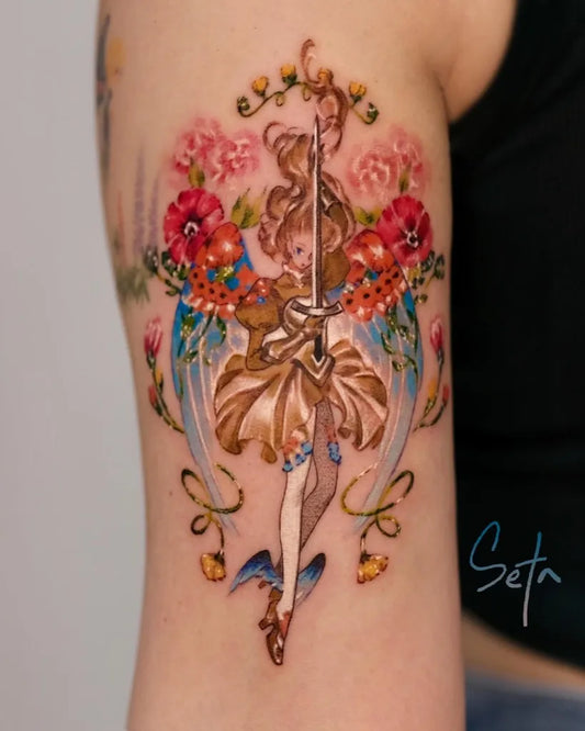 Medium Illustrative Fairy with Sword and Flowers Tattoo on Women Arm by @seta_tt