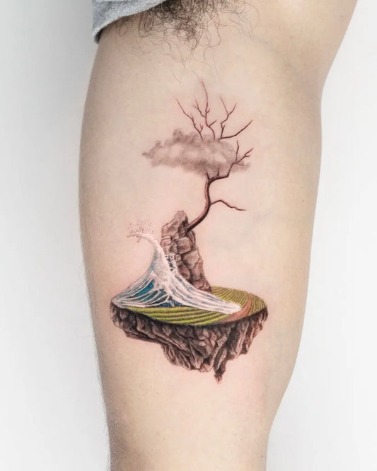 Medium Illustrative Floating Island Tree Cloud Tattoo on Men Thigh by @maya_gat