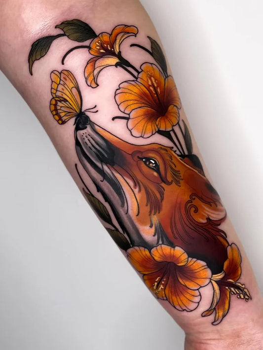 Medium Illustrative Fox and Flowers Tattoo on Women Arm by @psyhiskond