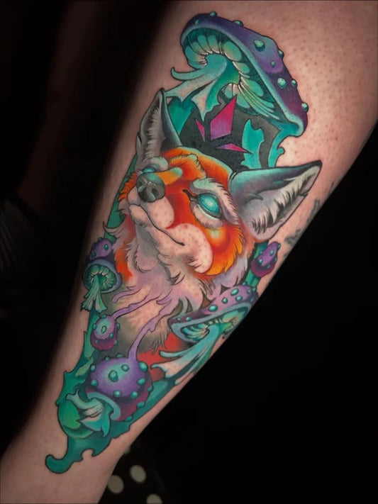 Medium Illustrative Fox and Mushroom Tattoo on Women Arm by @flowerhead_art