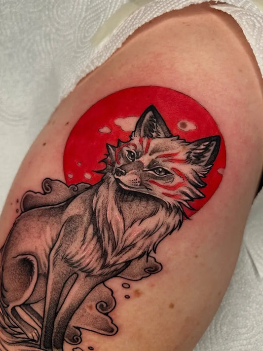 Medium Illustrative Fox and Sun Tattoo on Women Arm by @leviathanslilbae