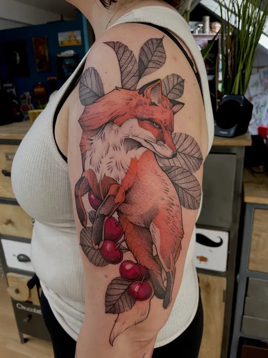 Medium Illustrative Fox with Cherry Leaves Tattoo on Women Arm by @joannamocarz