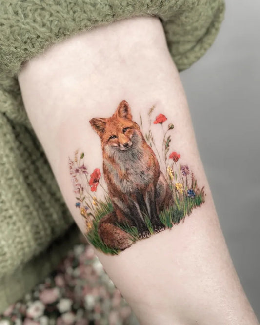 Medium Illustrative Fox with Flowers Tattoo on Women Arm by @vero_creato