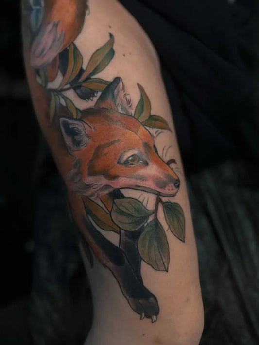 Medium Illustrative Fox with Leaves Tattoo on Women Arm by @sehenssucht