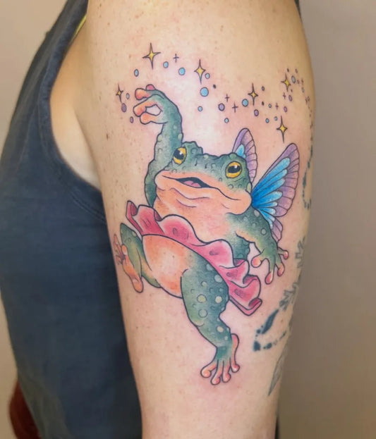 Medium Illustrative Frog Ballerina Tattoo on Women Arm by @shashonna