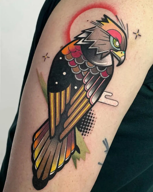 Medium Illustrative Hawk with Sun Tattoo on Men Arm by @hurjaesae