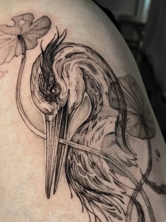 Medium Illustrative Heron with Lotus Tattoo on Women Shoulder by @aspectgraphite