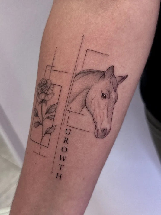 Medium Illustrative Horse Rose Growth Tattoo on Women Arm by @whiteoak_tattoo