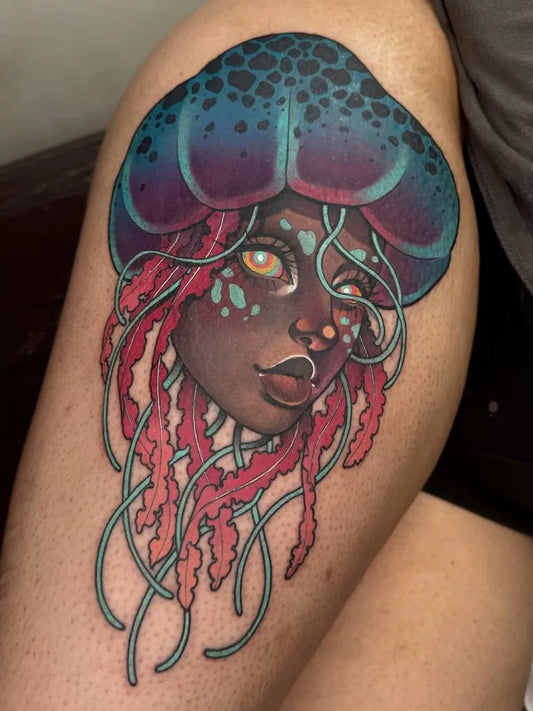 Medium Illustrative Jellyfish Women Shoulder by @bethrosetattoo