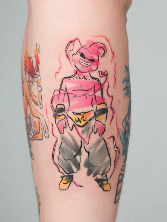Medium Illustrative Majin Buu Tattoo on Women Leg by @gil_miguel_tattoo_