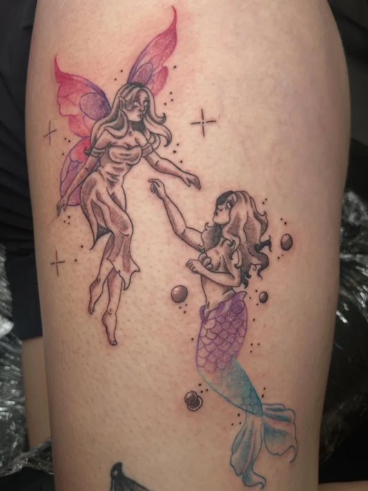 Medium Illustrative Mermaid and Fairy Tattoo on Women Arm by @artbyreilley