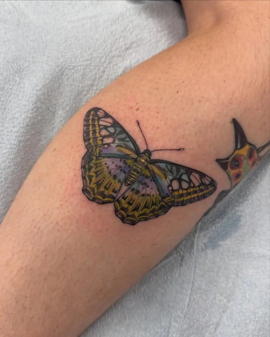 Medium Illustrative Morpho Butterfly Tattoo on Women Arm by @theyoungwarrior