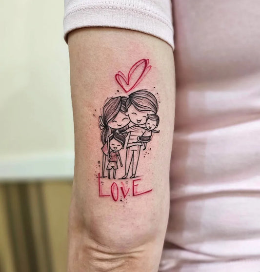 Medium Illustrative Mother and Child Love Heart Family Tattoo on Women Arm by @la_leti_tattoo