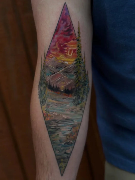 Medium Illustrative Mountain Landscape Nature Tattoo on Men Arm by @kyliegulan
