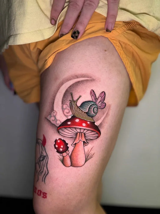 Medium Illustrative Mushroom Snail Butterfly on Women Thigh Tattoo by @c.reneeallday