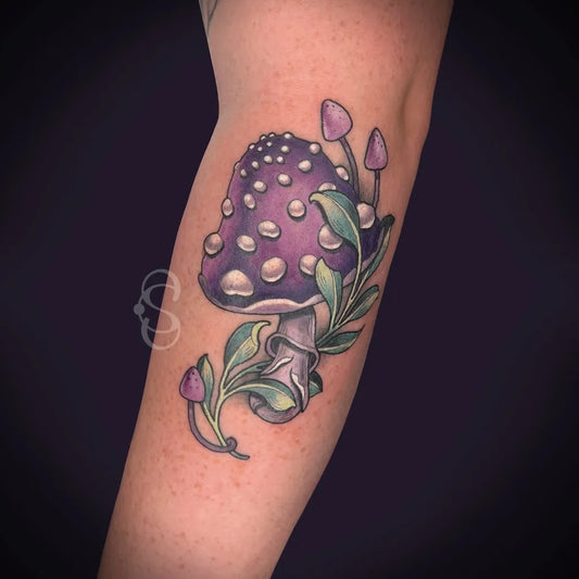 Medium Illustrative Mushroom and Leaves on Women Arm Tattoo by @scstattooer