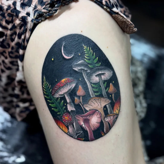 Medium Illustrative Mushrooms Ferns Moon on Women Arm Tattoo by @emilymaytattoo