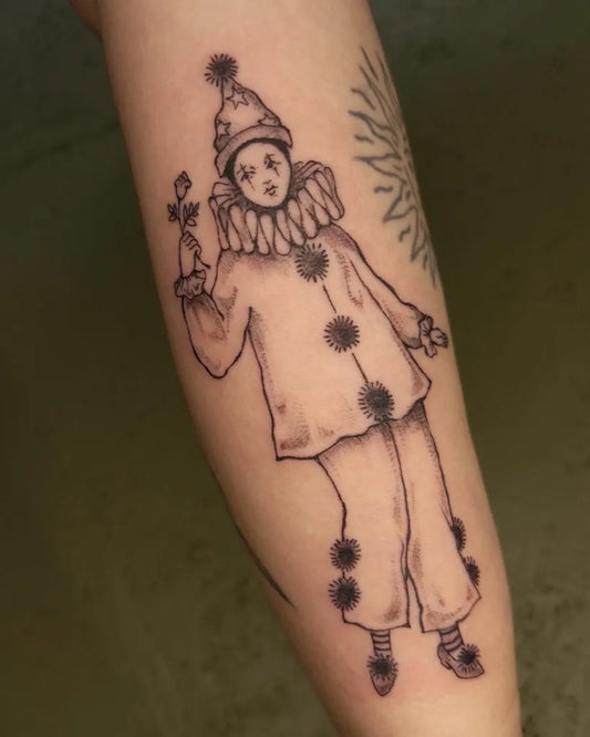 Medium Illustrative Sad Clown Tattoo on Women Arm by @ellunatattoo