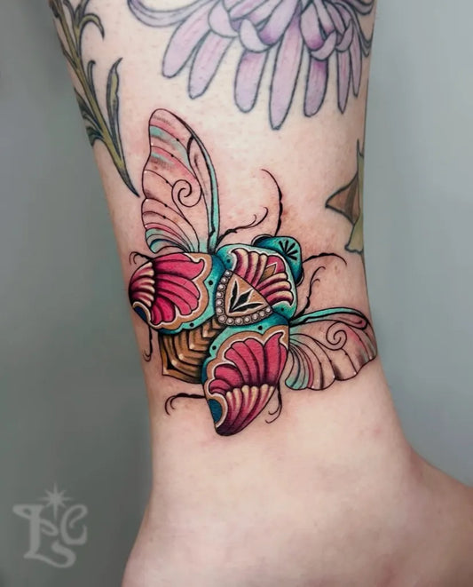 Medium Illustrative Scarabaeus Beetle Nature Tattoo on Women Ankle by @livcarotattoo