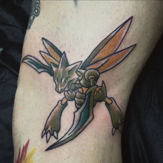 Medium Illustrative Scyther Pokemon Tattoo on Men Leg by @amadeoilustra