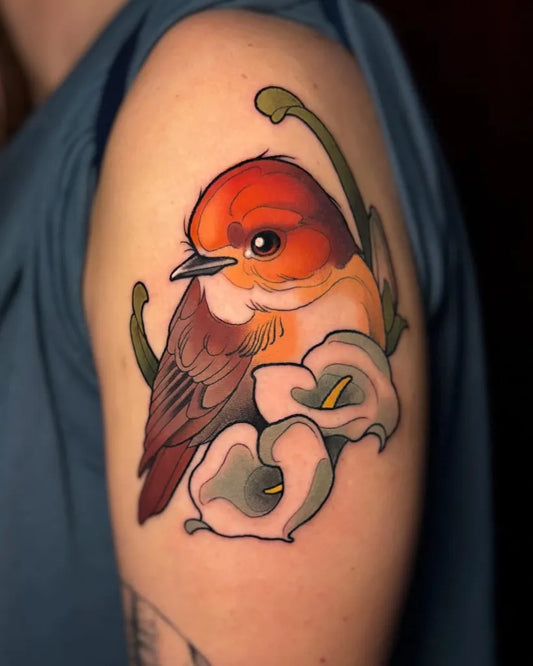 Medium Illustrative Sparrow Calla Lilies Tattoo on Women Upper Arm by @melgoodevetattoos