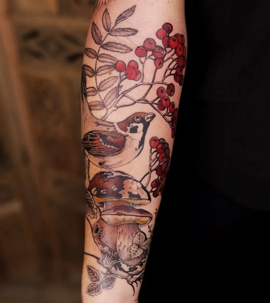 Medium Illustrative Sparrows Berries Mushrooms Tattoo on Women Arm by @dzo_lama