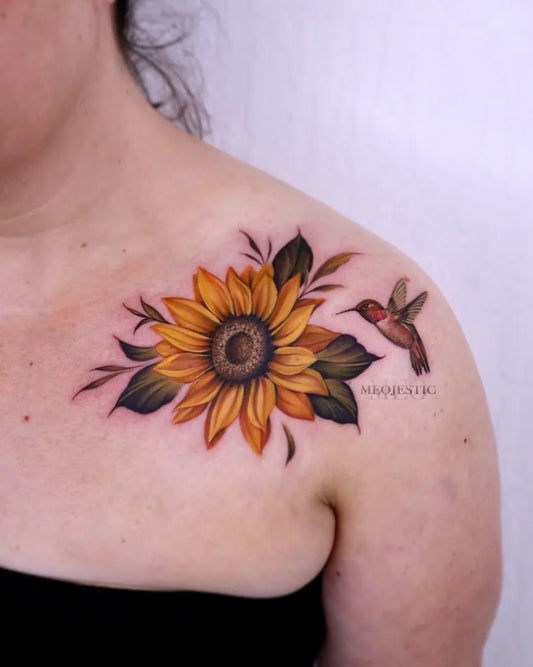 Medium Illustrative Sunflower Hummingbird Leaves on Women Shoulder Tattoo by @meojestic