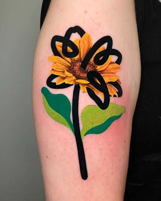 Medium Illustrative Sunflower on Women Arm Tattoo by @mambotattooer
