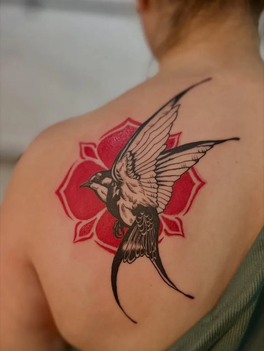 Medium Illustrative Swallow Lotus Tattoo on Women Shoulder by @vietnguyenart