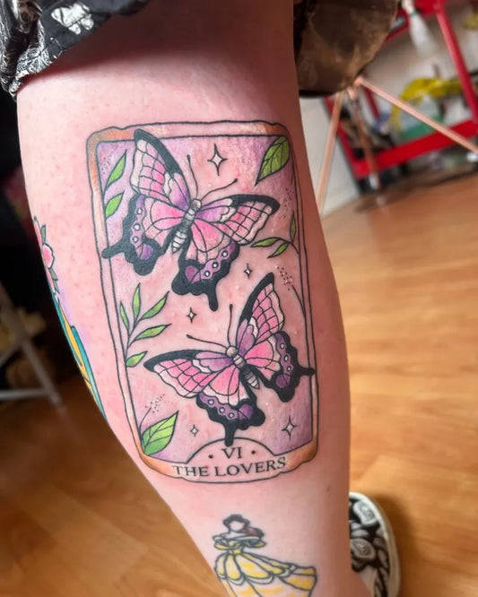 Medium Illustrative Tarot Card with Butterflies Tattoo on Women Calf by @binbagwitch_tattoo