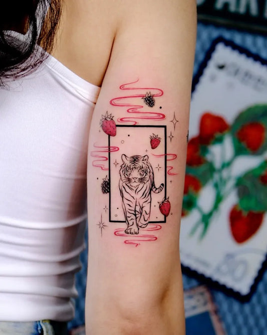 Medium Illustrative Tiger Strawberries on Women Arm Tattoo by @eunlee_tattoo