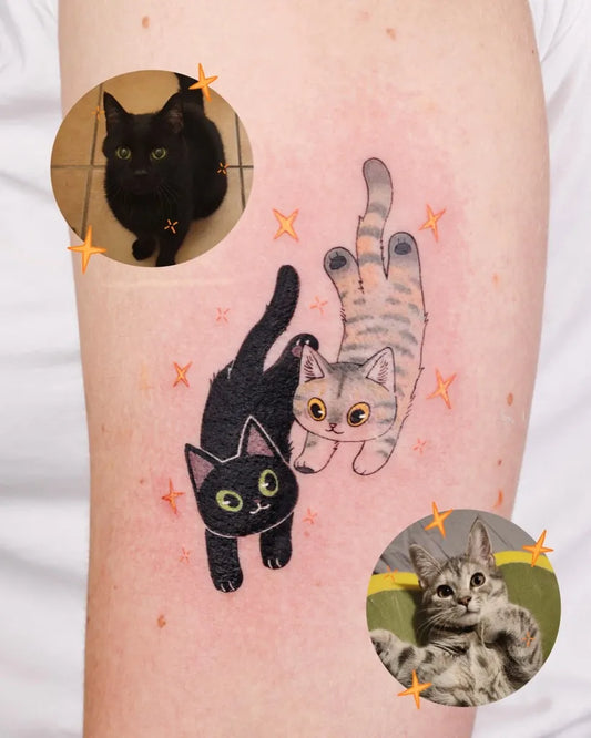 Medium Illustrative Two Cats with Stars Tattoo on Women Arm by @jojovilll