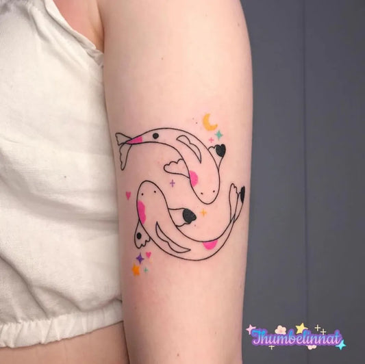 Medium Illustrative Two Koi Fish Tattoo on Women Upper Arm by @velik.cy