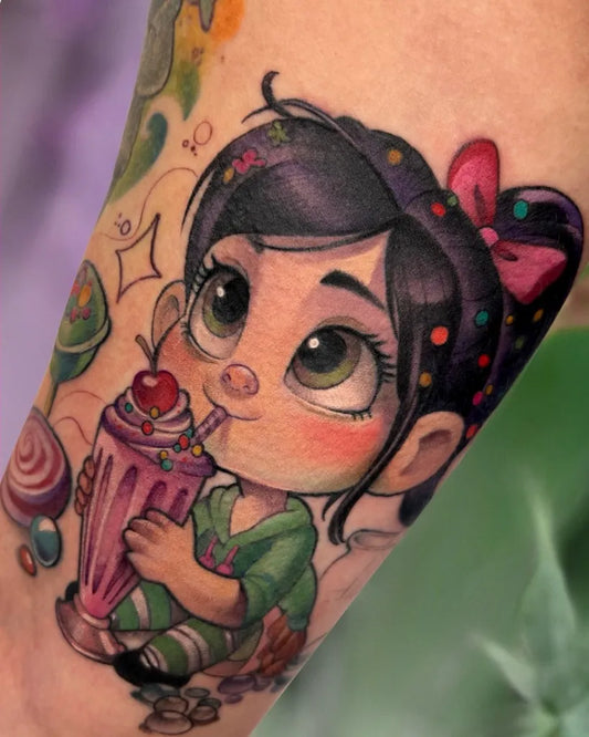 Medium Illustrative Vanellope Milkshake Tattoo on Women Arm by @petjaevlogieva