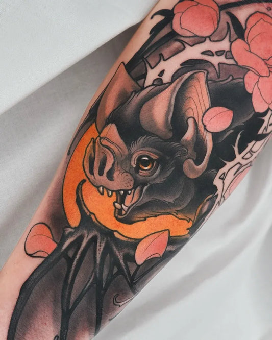 Medium Irezumi Bat with Peonies and Waves Tattoo on Women Arm by @robin.kemper.tattoo