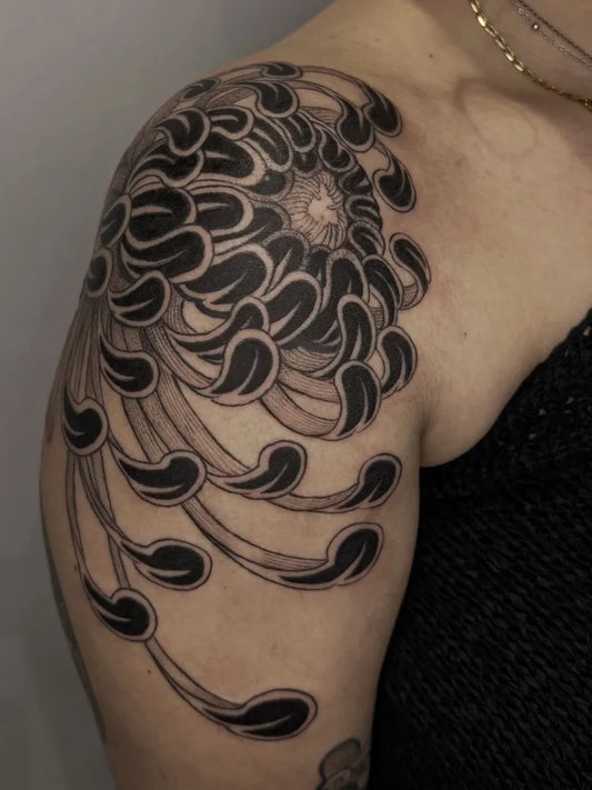 Medium Irezumi Black Chrysanthemum Tattoo on Women Shoulder by @emilyjanefulton