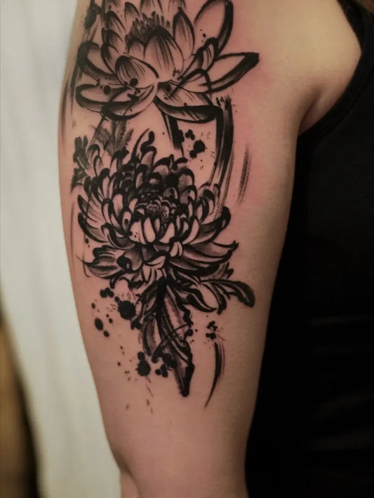 Medium Irezumi Black Chrysanthemum and Lotus Tattoo on Women Arm by @xiael_tattooer