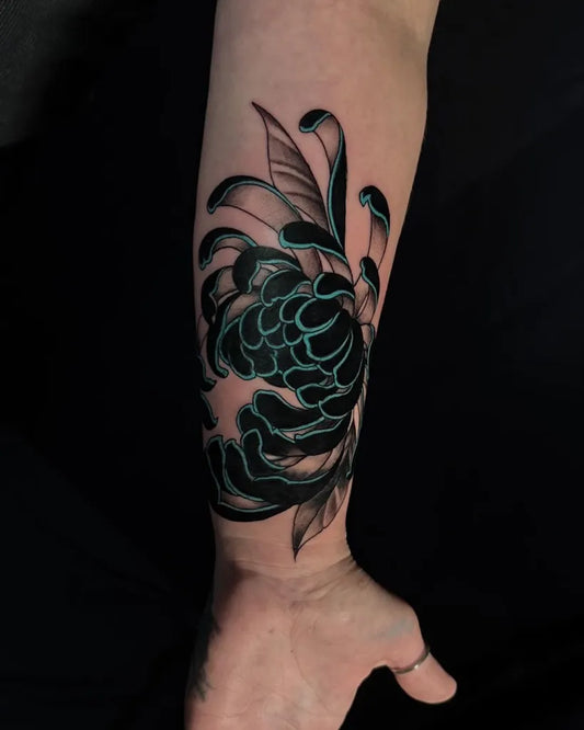 Medium Irezumi Black and Green Chrysanthemum Leaves Tattoo on Women Arm by @eastsideringwood
