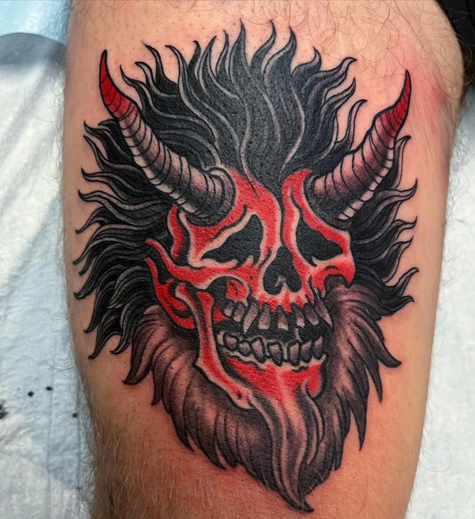 Medium Irezumi Demon Skull Tattoo on Men Arm by @skor_tattooer