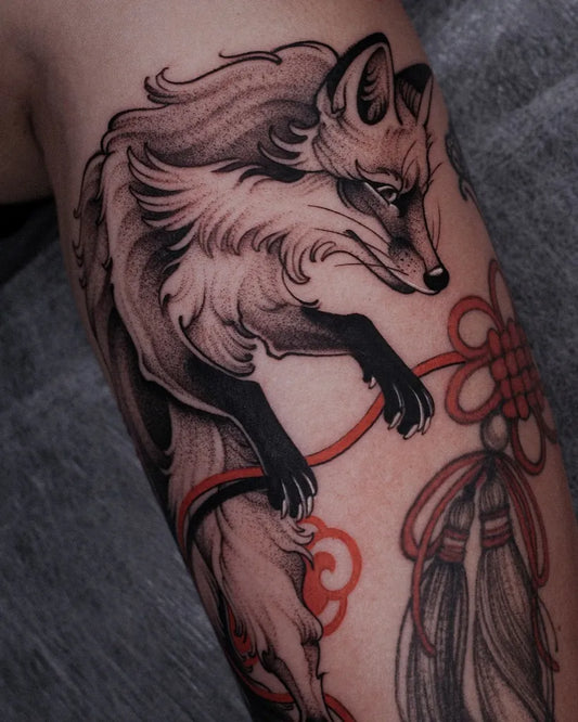 Medium Irezumi Fox and Tassel Tattoo on Women Arm by @conlll