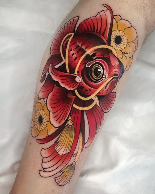 Medium Irezumi Goldfish and Lotus Tattoo on Women Forearm by @fred.bertoli