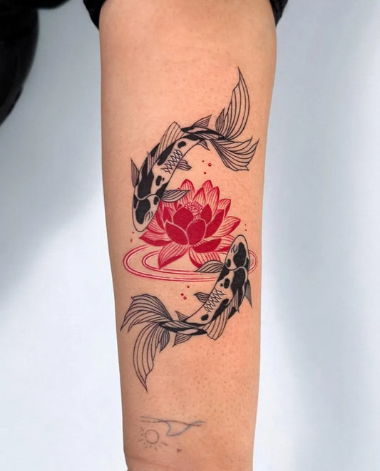 Medium Irezumi Koi Fish and Lotus Tattoo on Women Arm by @offtattooer