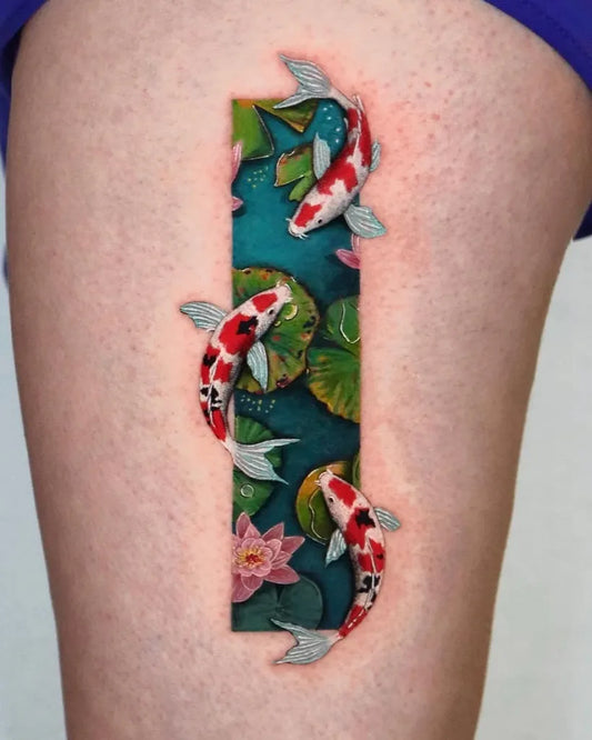 Medium Irezumi Koi Fish and Lotus Tattoo on Women Thigh by @flow_tattoo_toronto